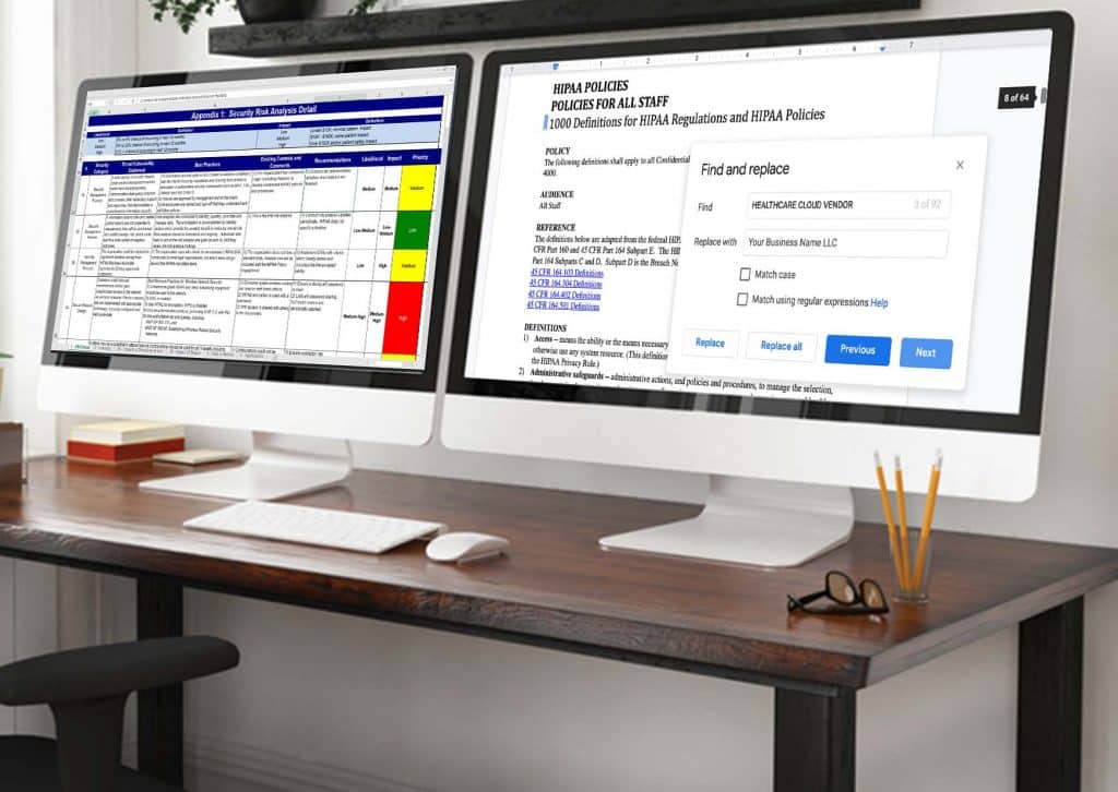 Eagle’s policy template helps you increase security, gain compliance, and avoid fines. At left is our security assessment template and at right is our policy template with search and replace functionality. We also provide a compliance portal, training video and test and certification for your team.